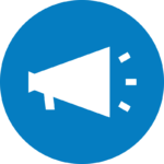 A blue circle with a megaphone icon representing SEO for Google Business profiles and local SEO.