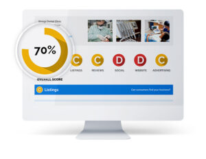 A computer screen displaying a 70% CDC score for a Google business profile, highlighting local SEO and search engine optimization efforts.
