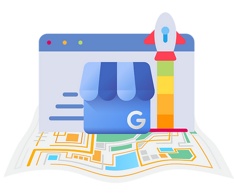 A map with a Google search engine and business profile management services.