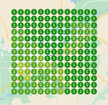 A Google map displaying green circles representing business profiles.